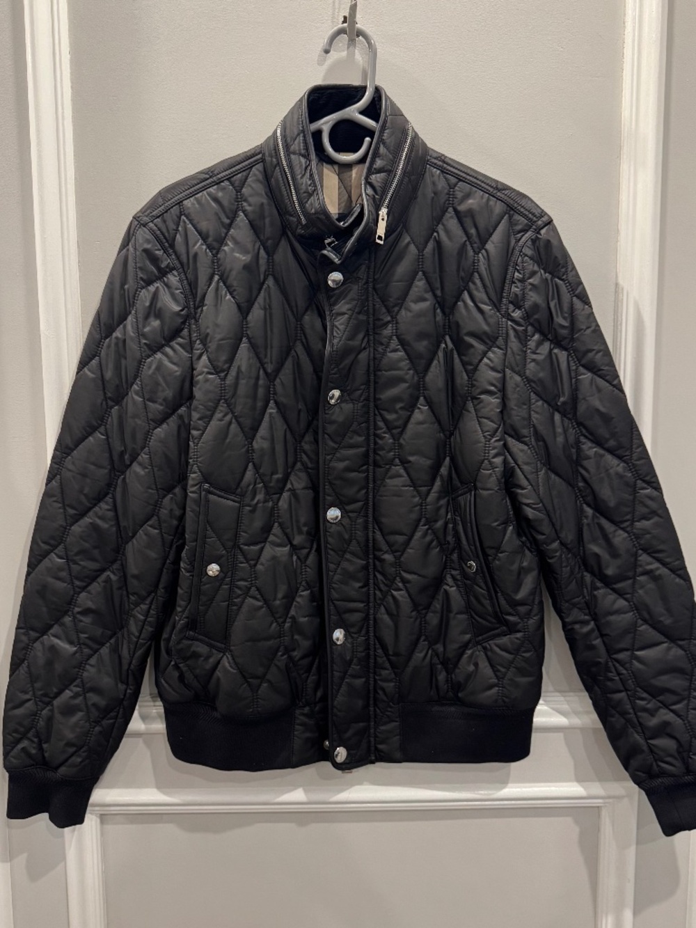 Burberry Men’s Black Diamond Quilted Bomber Jacket Nova Check Size 52 Large